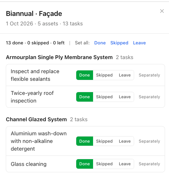 Visit detail for a biannual façade visit, with each task marked done, skipped or left