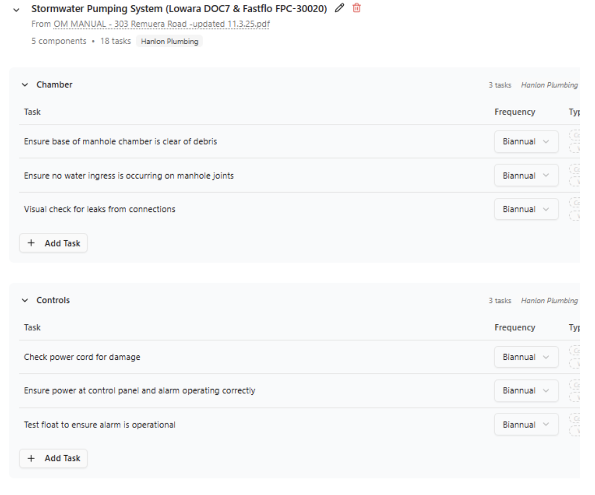 Prospero task list for the Stormwater Pumping System with The Plumbing Company assigned